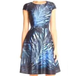 Tahari Blue and Black Leaf Print Midi Dress